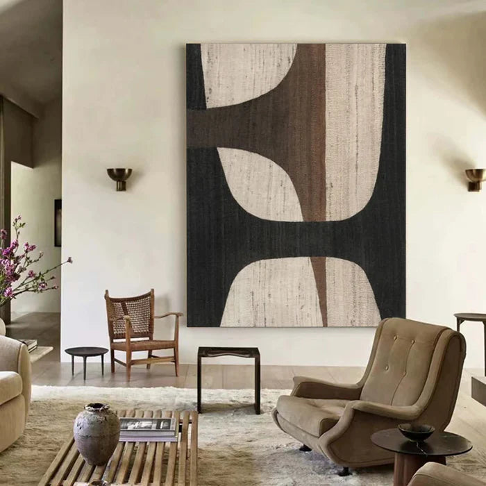 Oversize Large Wabi Sabi Abstract Painting on Canvas Minimalistic Wall Art, Black and Beige #kiss02