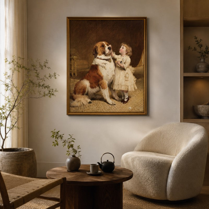 Vintage Child and Saint Bernard Canvas Painting #Kiss 205