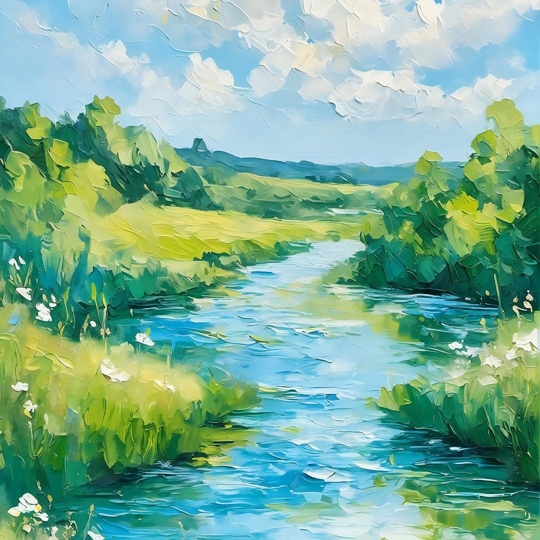 Blue Sky River Landscape Canvas Painting #Kiss 187