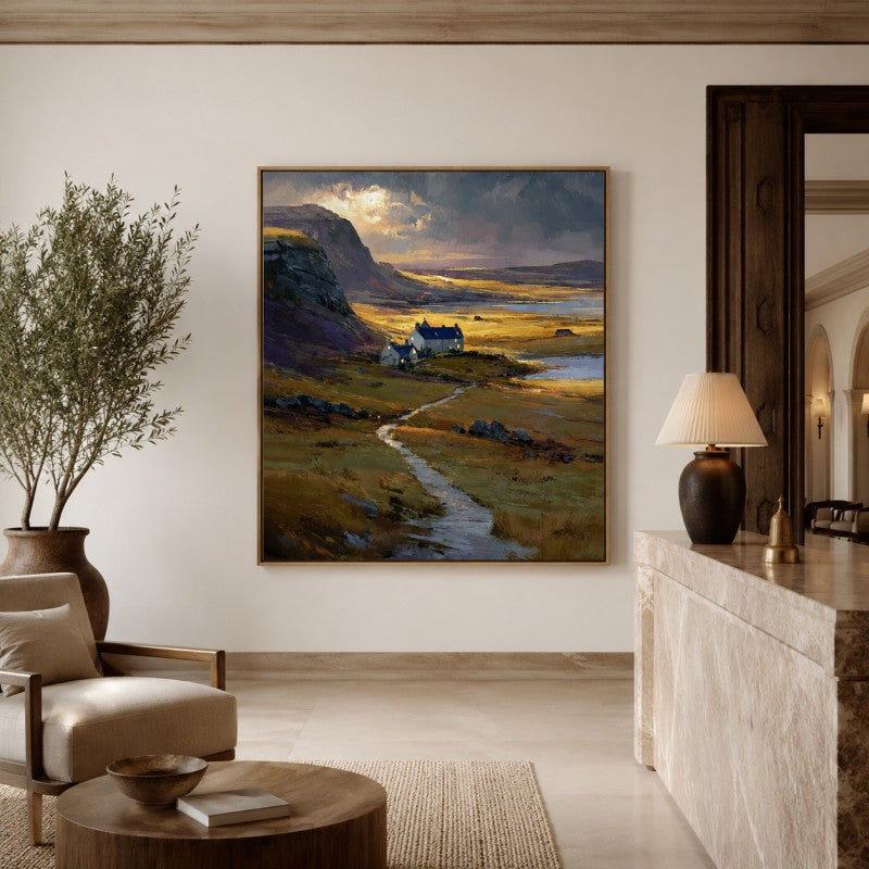 Golden Highland Cottage Landscape Canvas Painting #Kiss 204
