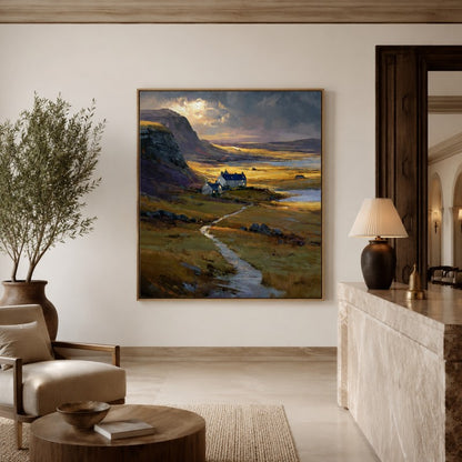 Golden Highland Cottage Landscape Canvas Painting #Kiss 204