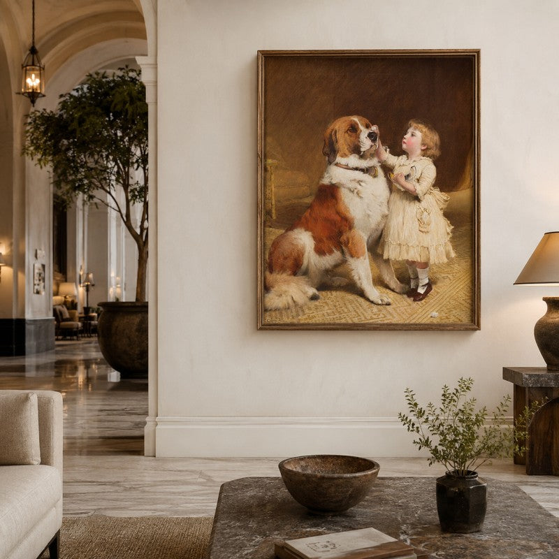 Vintage Child and Saint Bernard Canvas Painting #Kiss 205