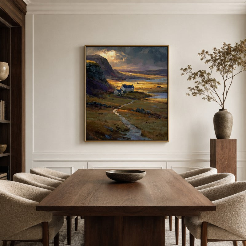 Golden Highland Cottage Landscape Canvas Painting #Kiss 204