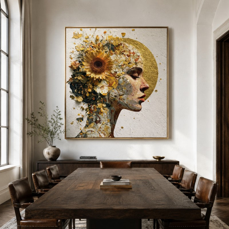 Golden Floral Woman Canvas Painting #Kiss 200