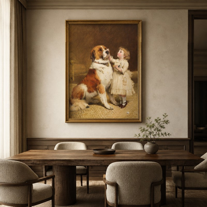 Vintage Child and Saint Bernard Canvas Painting #Kiss 205