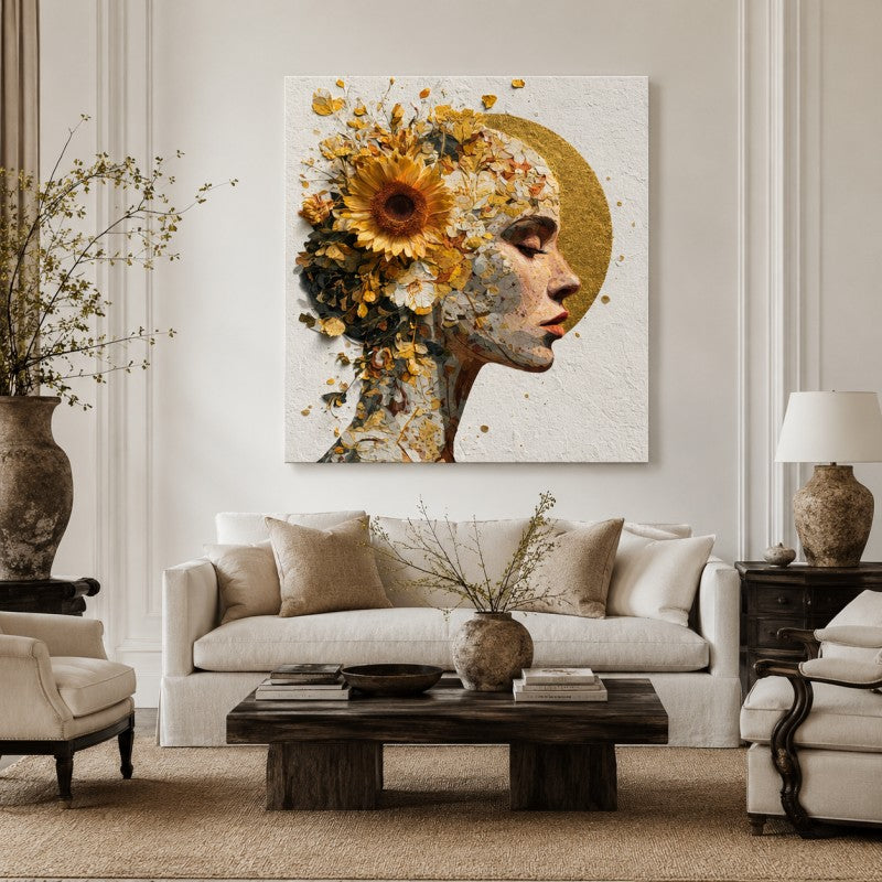 Golden Floral Woman Canvas Painting #Kiss 200