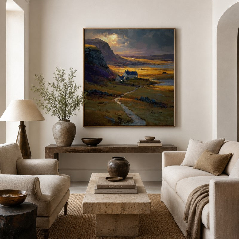 Golden Highland Cottage Landscape Canvas Painting #Kiss 204