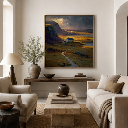 Golden Highland Cottage Landscape Canvas Painting #Kiss 204