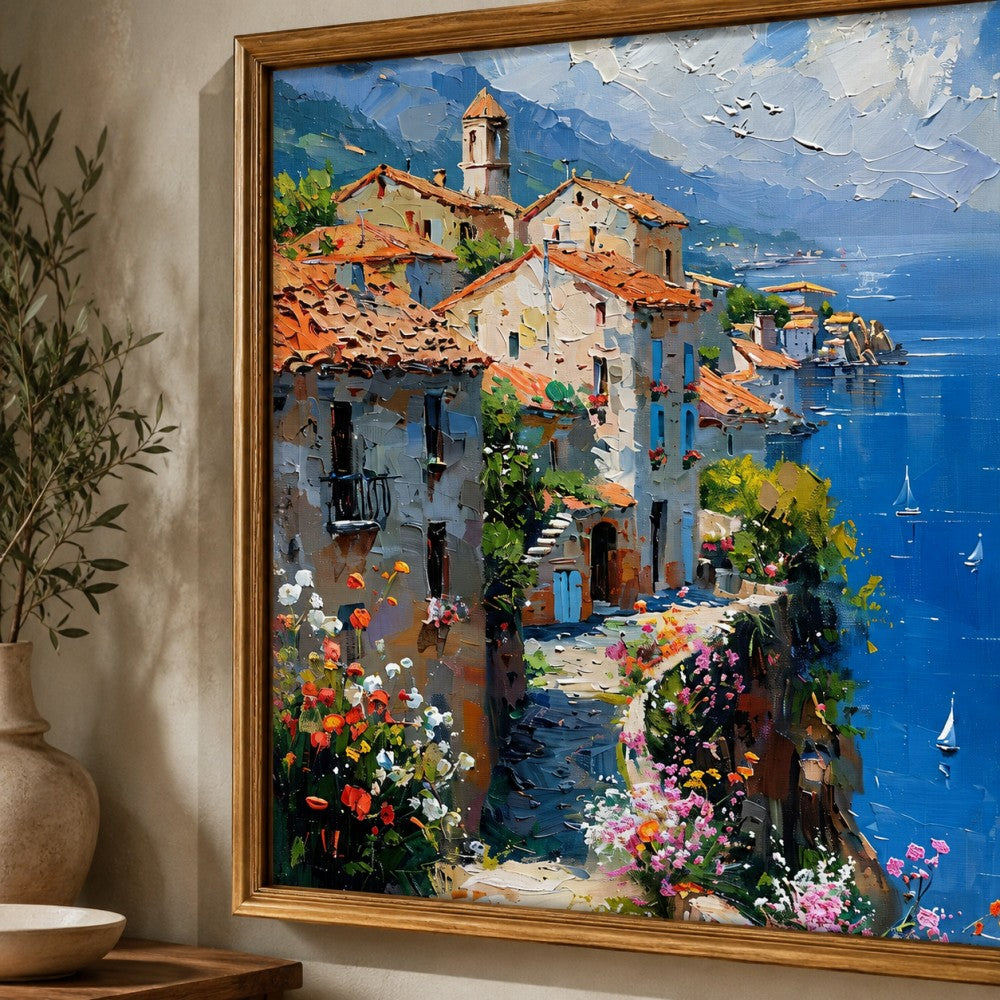 Mediterranean Coastal Village Canvas Painting #Kiss 186
