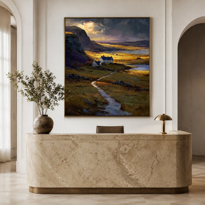 Golden Highland Cottage Landscape Canvas Painting #Kiss 204