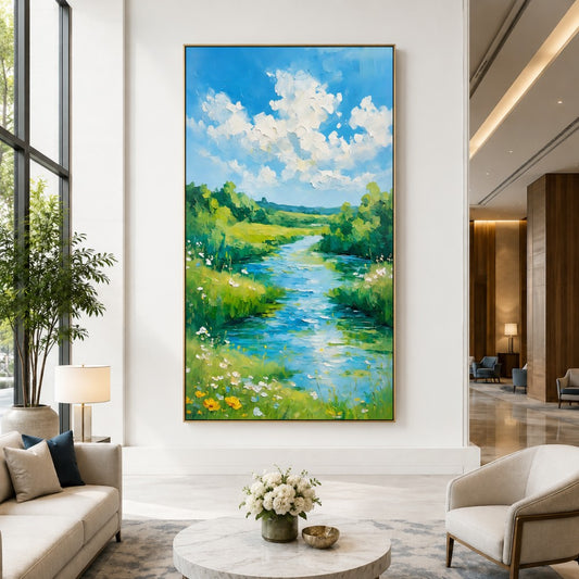 Blue Sky River Landscape Canvas Painting #Kiss 187