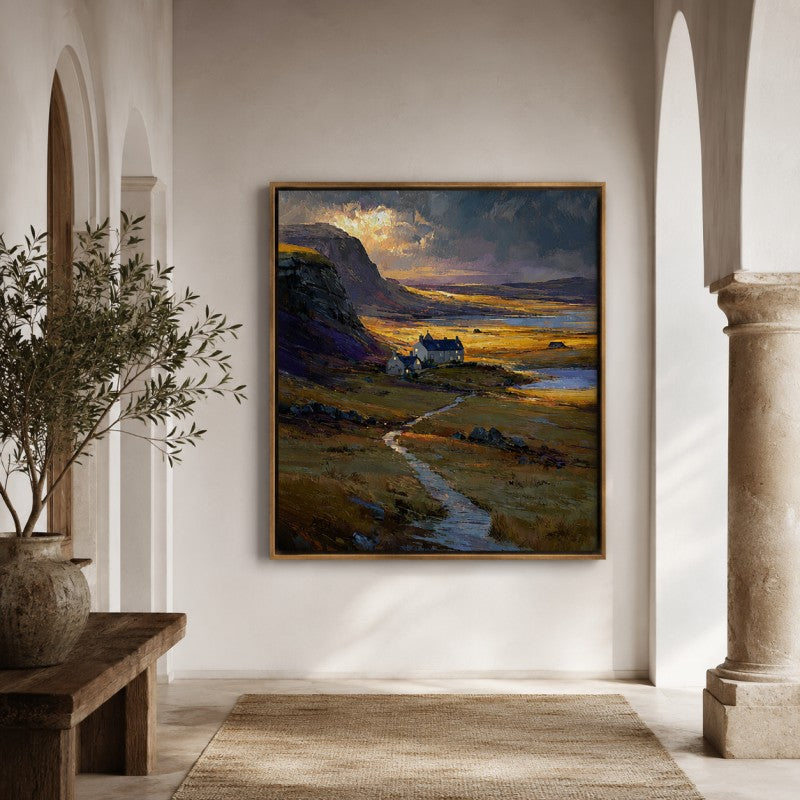 Golden Highland Cottage Landscape Canvas Painting #Kiss 204