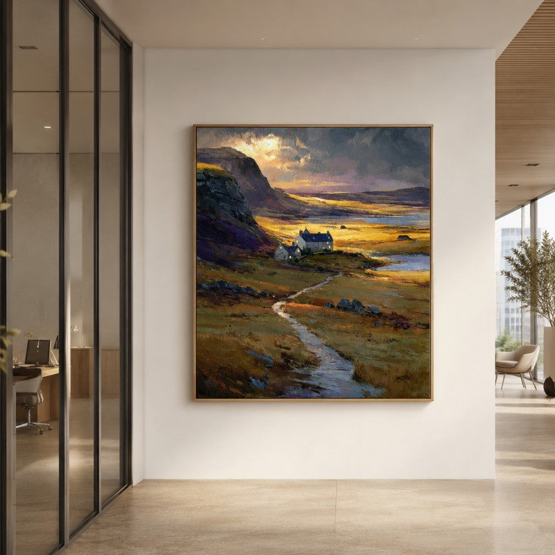Golden Highland Cottage Landscape Canvas Painting #Kiss 204