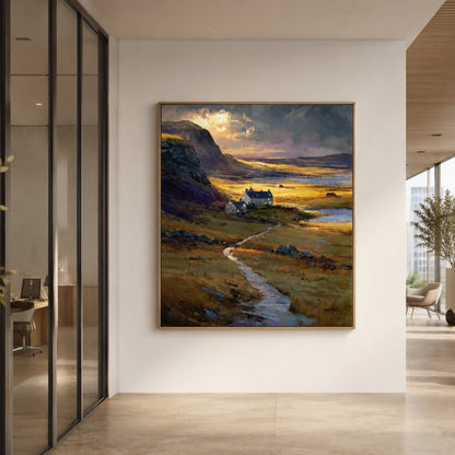 Golden Highland Cottage Landscape Canvas Painting #Kiss 204