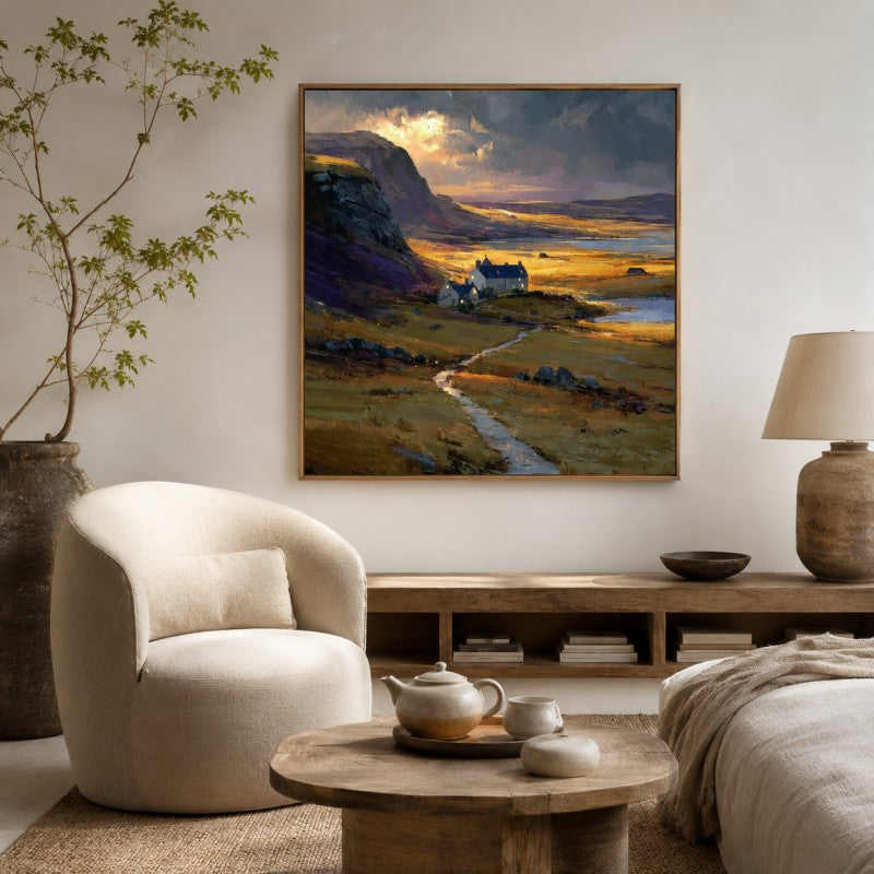 Golden Highland Cottage Landscape Canvas Painting #Kiss 204