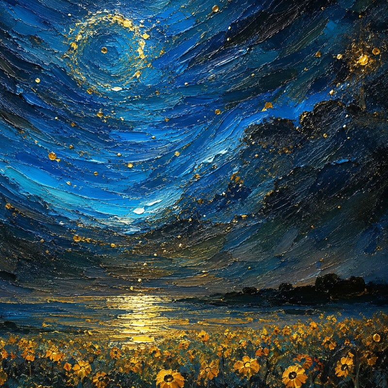 Starry Night Sunflower Field Canvas Painting #Kiss 203