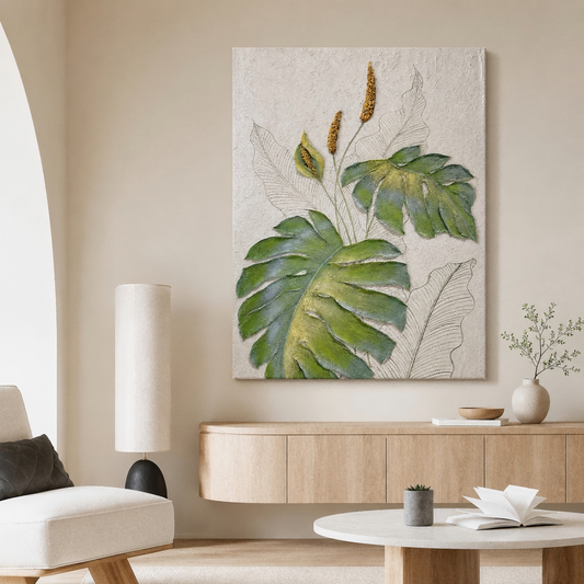 Handmade Textured Tropical Leaf Wall Art Painting #Kiss 124