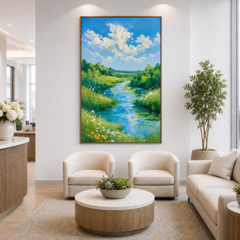 Blue Sky River Landscape Canvas Painting #Kiss 187