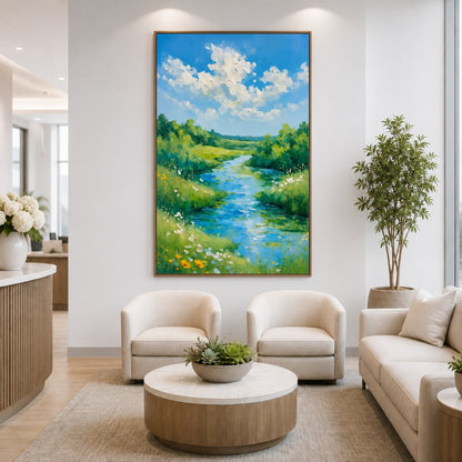 Blue Sky River Landscape Canvas Painting #Kiss 187