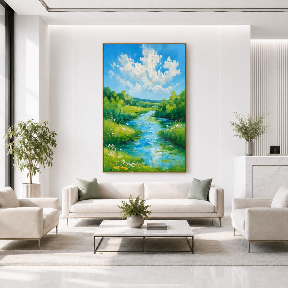 Blue Sky River Landscape Canvas Painting #Kiss 187