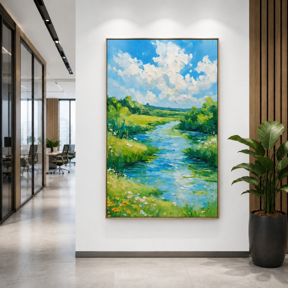 Blue Sky River Landscape Canvas Painting #Kiss 187