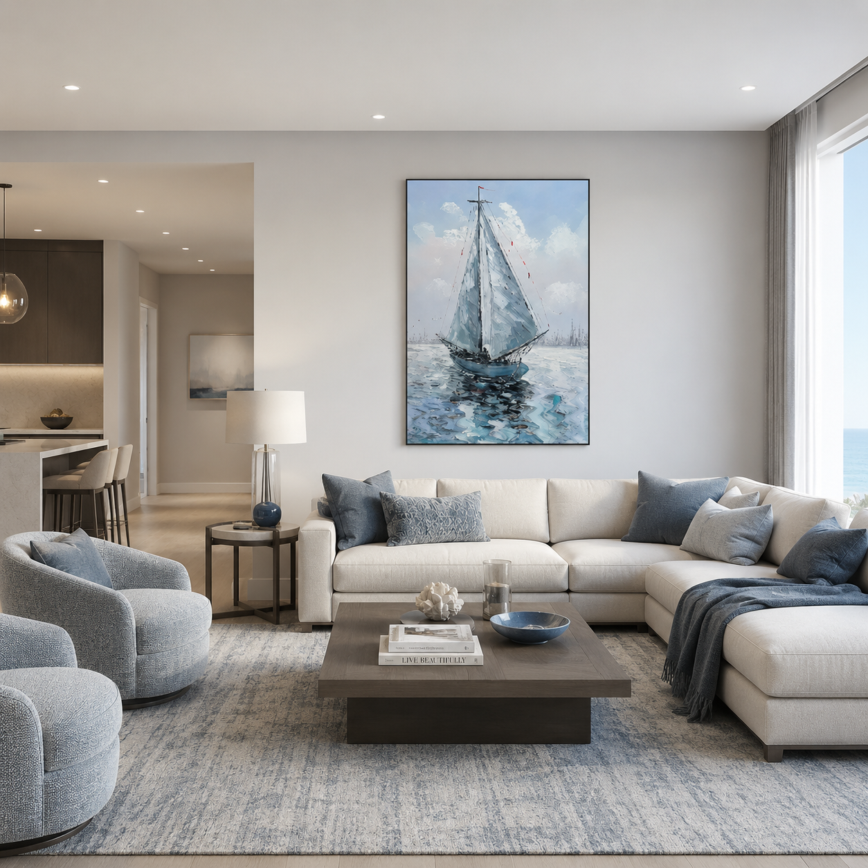 Blue Sailboat Seascape Painting #Kiss 112