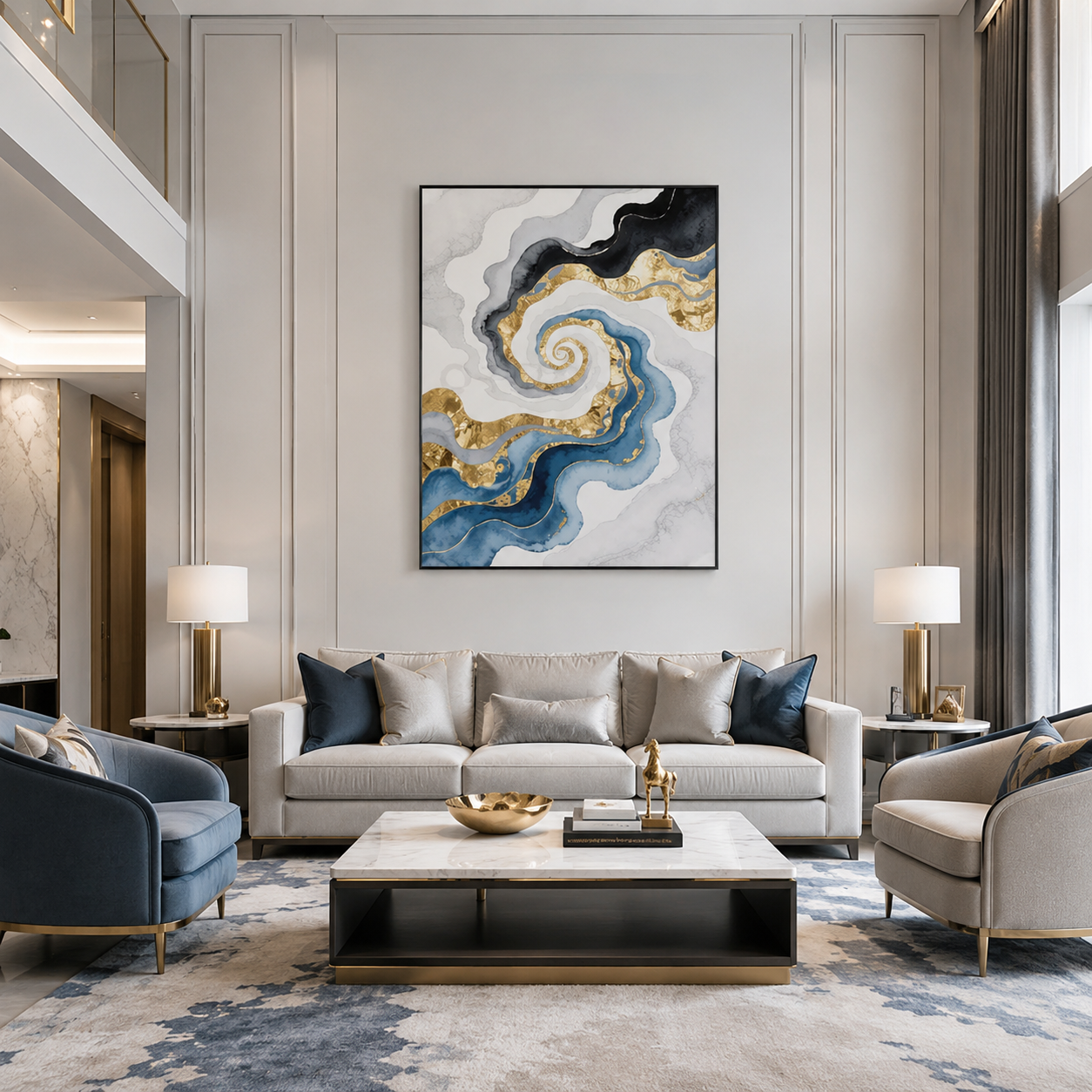 Blue Gold Spiral Abstract Painting #Kiss 146