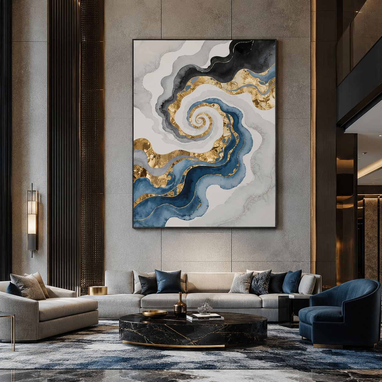 Blue Gold Spiral Abstract Painting #Kiss 146