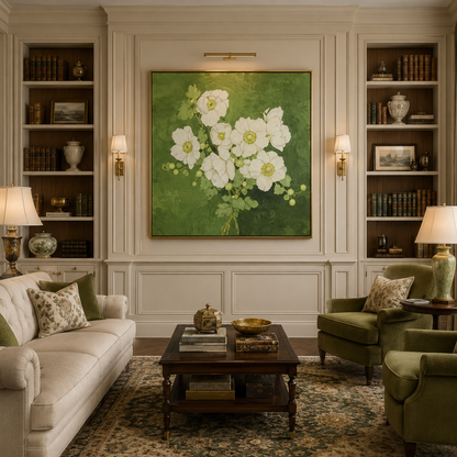 White Floral Green Canvas Painting #Kiss 159