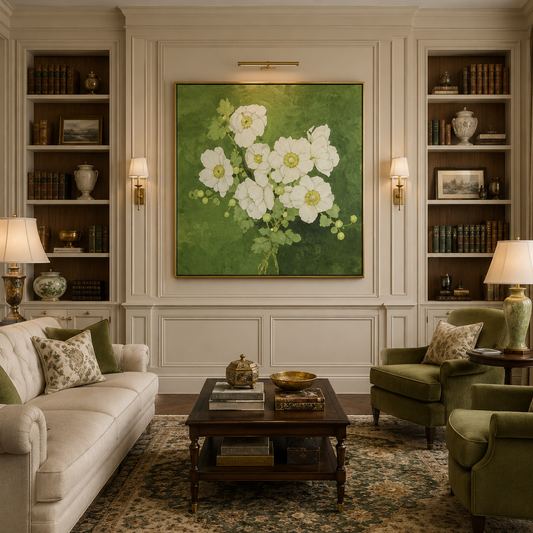 White Floral Green Canvas Painting #Kiss 159