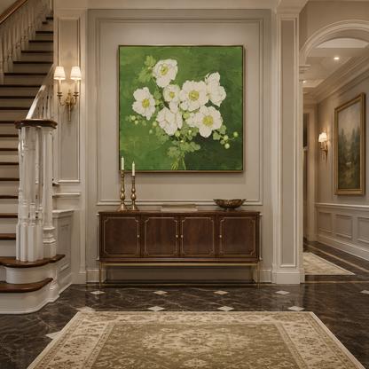 White Floral Green Canvas Painting #Kiss 159