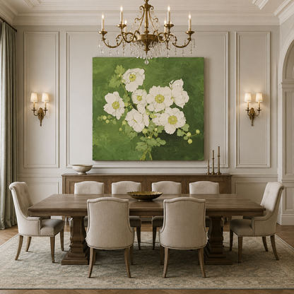 White Floral Green Canvas Painting #Kiss 159