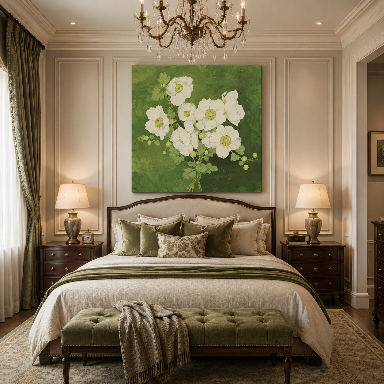 White Floral Green Canvas Painting #Kiss 159