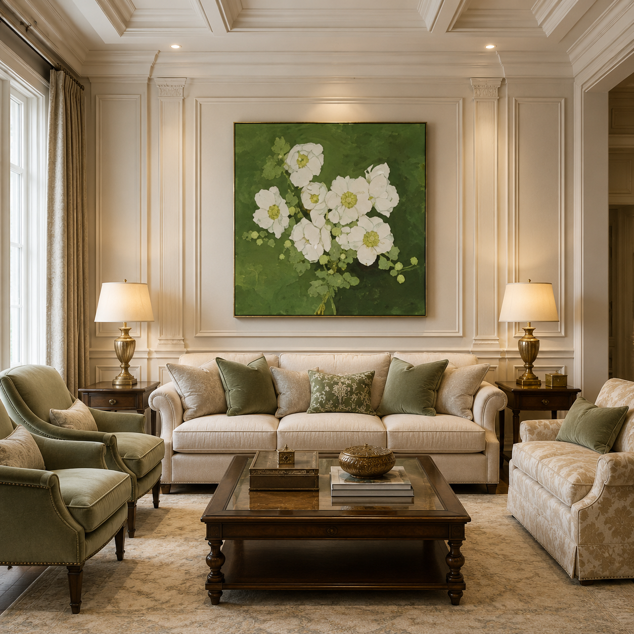 White Floral Green Canvas Painting #Kiss 159