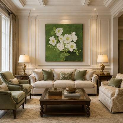 White Floral Green Canvas Painting #Kiss 159