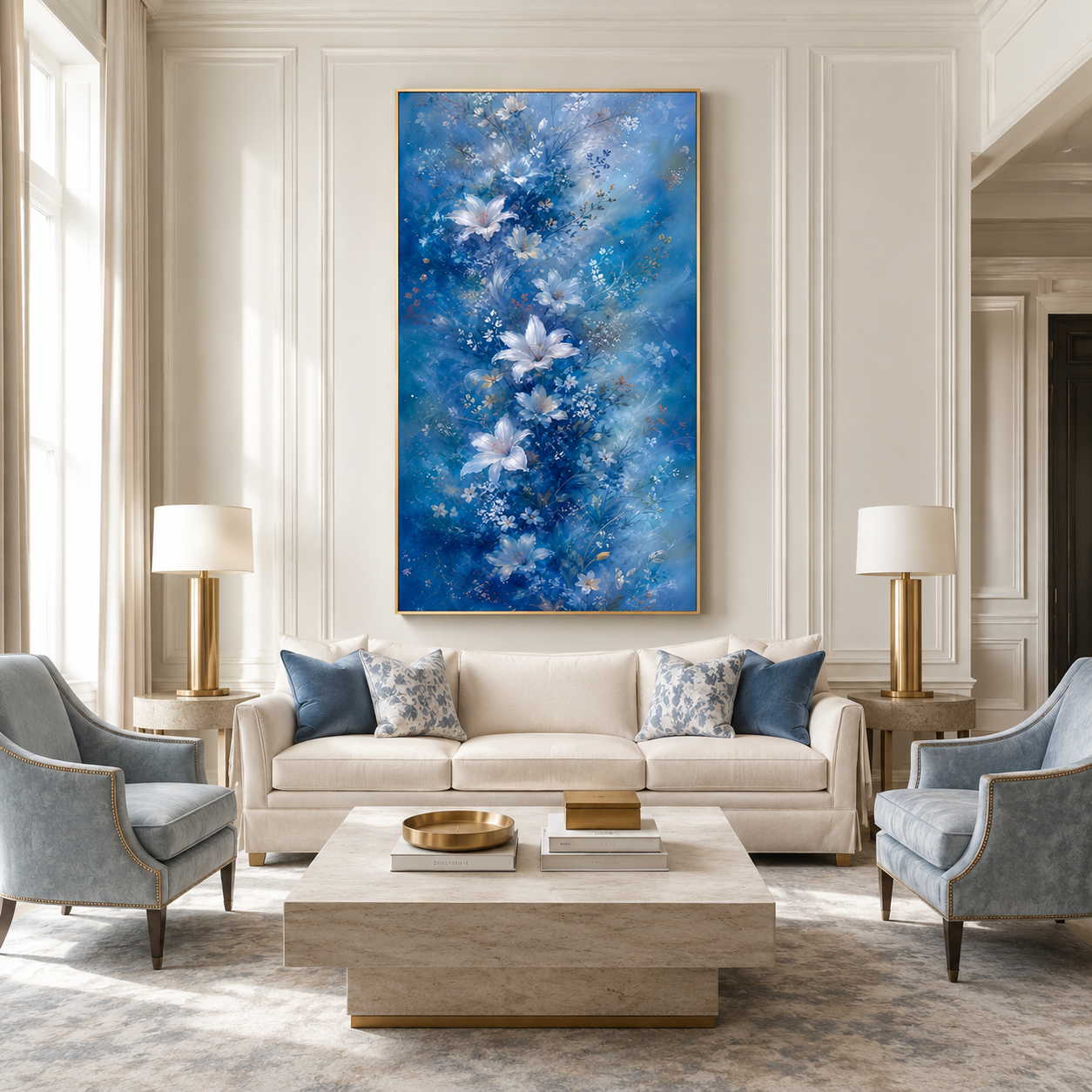 Blue White Floral Canvas Painting #Kiss 168