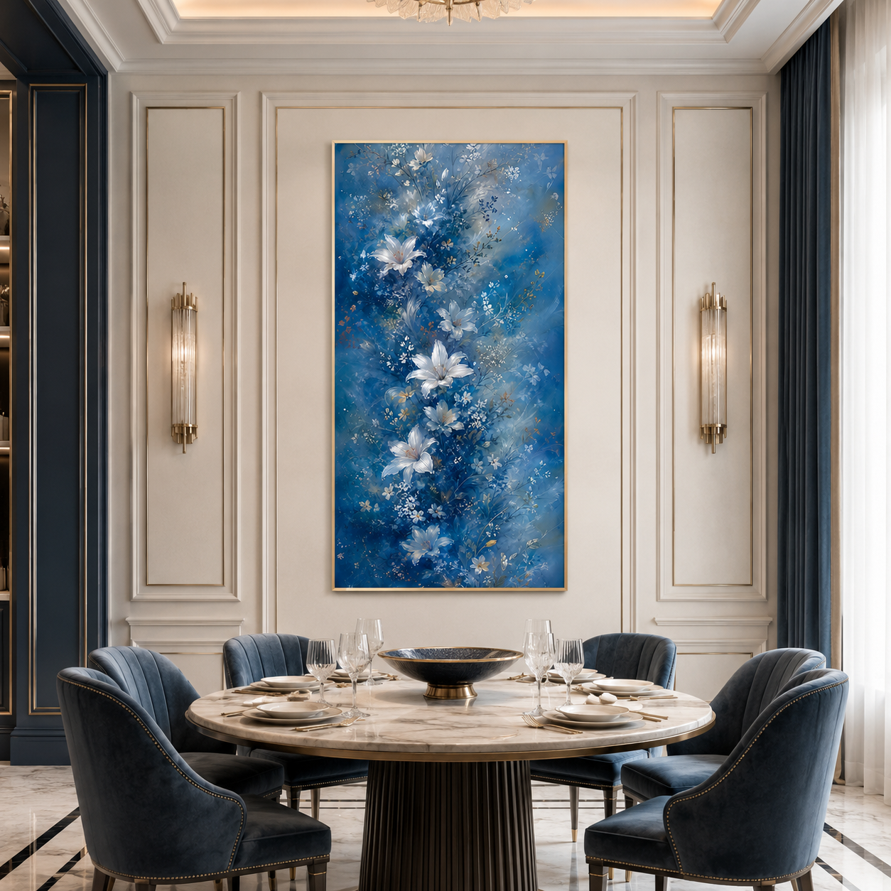 Blue White Floral Canvas Painting #Kiss 168