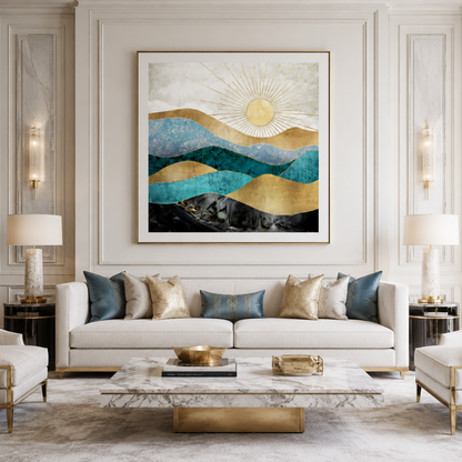 Blue Gold Sun Landscape Canvas Painting #Kiss 169