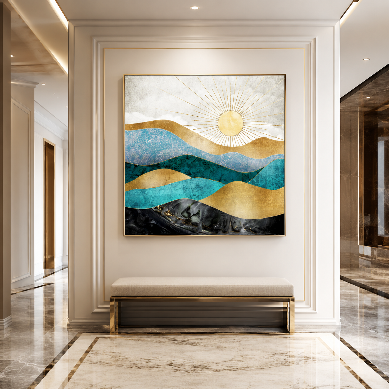 Blue Gold Sun Landscape Canvas Painting #Kiss 169