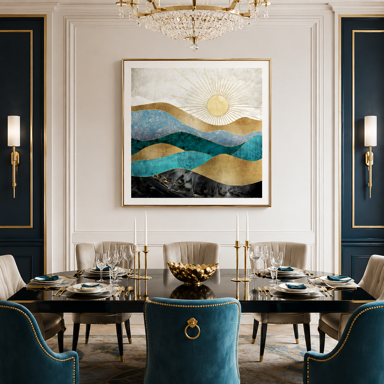 Blue Gold Sun Landscape Canvas Painting #Kiss 169