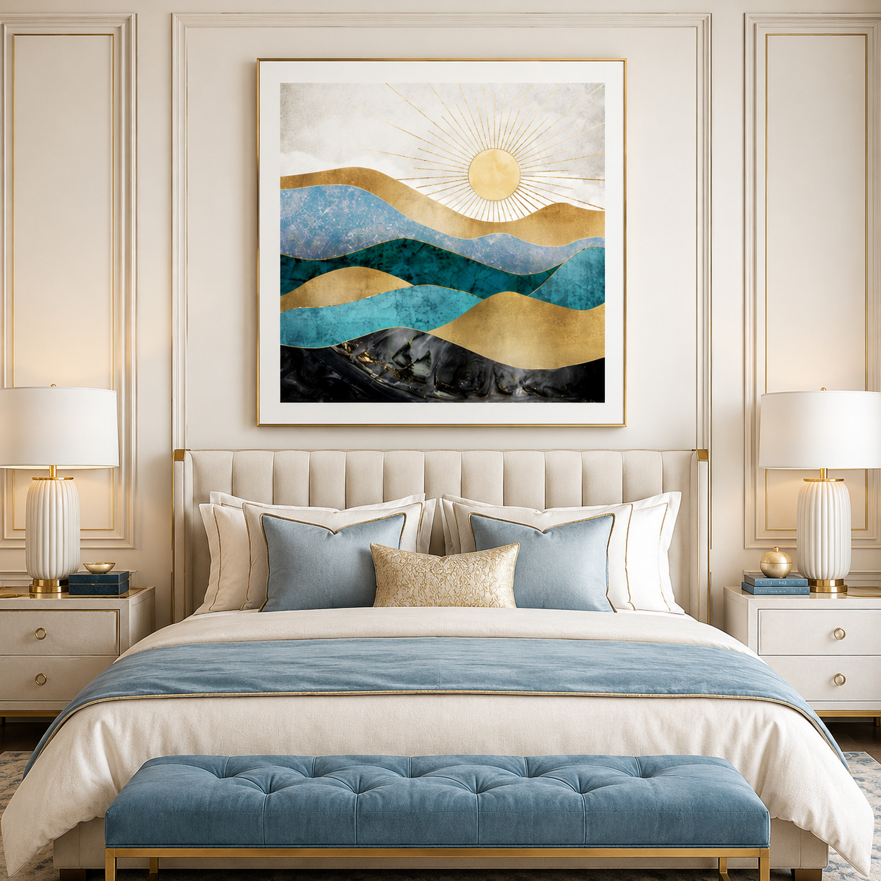 Blue Gold Sun Landscape Canvas Painting #Kiss 169
