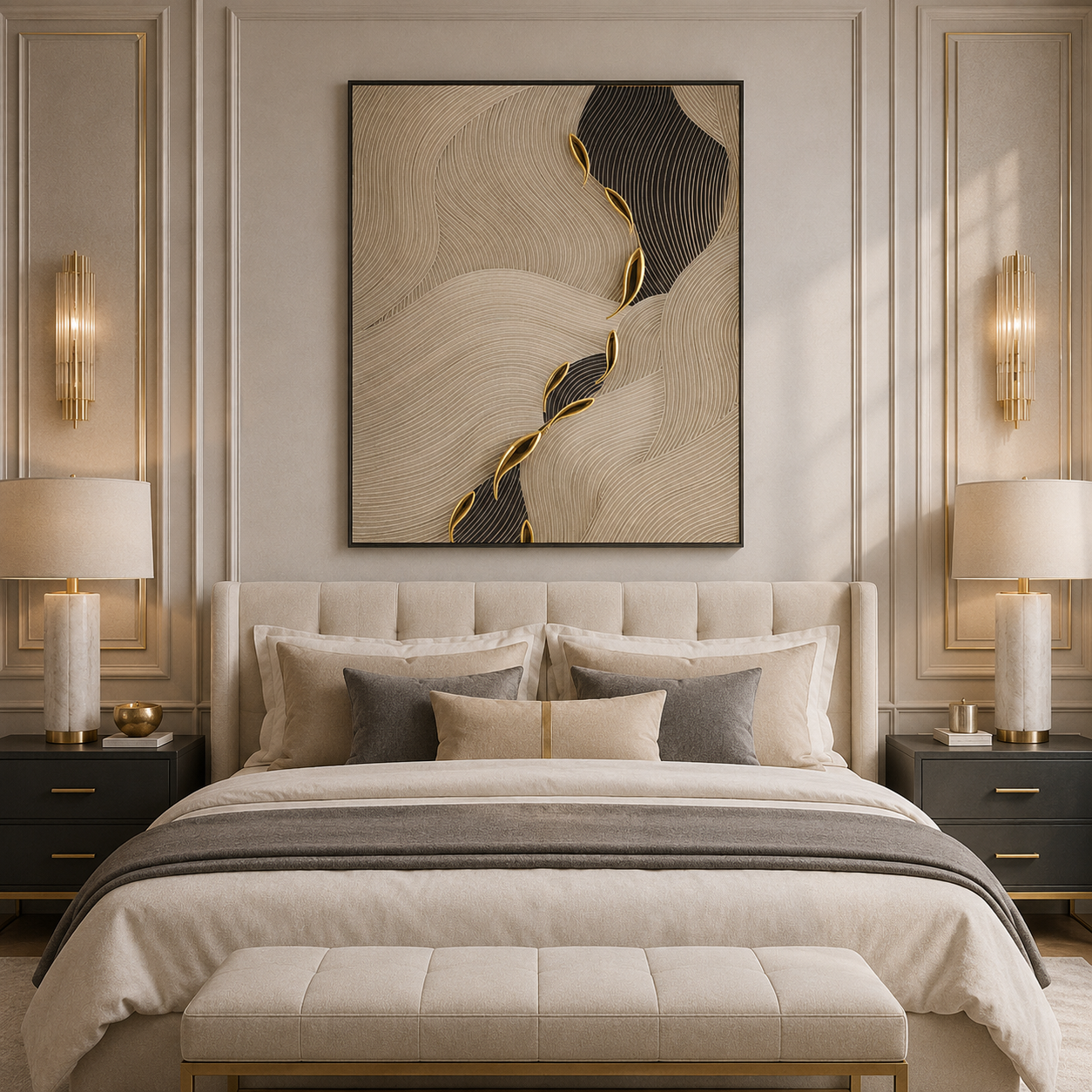 Beige Black Gold Abstract Textured Painting #Kiss 178
