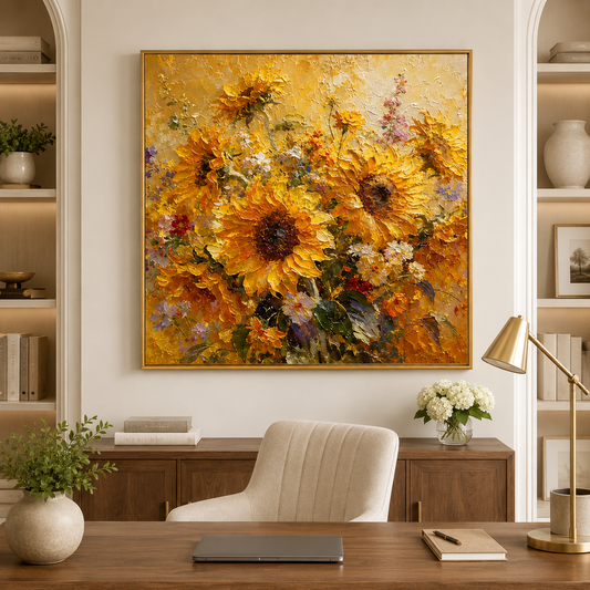 Golden Sunflower Bouquet Textured Painting #Kiss 54