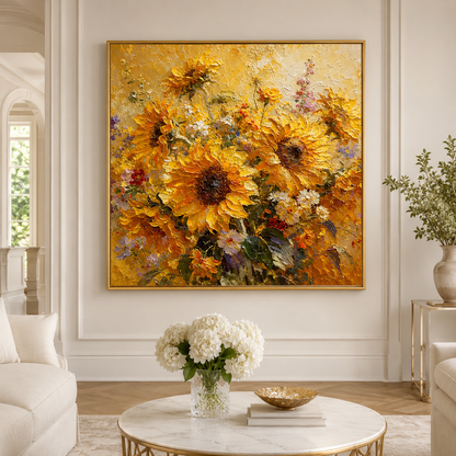 Golden Sunflower Bouquet Textured Painting #Kiss 54