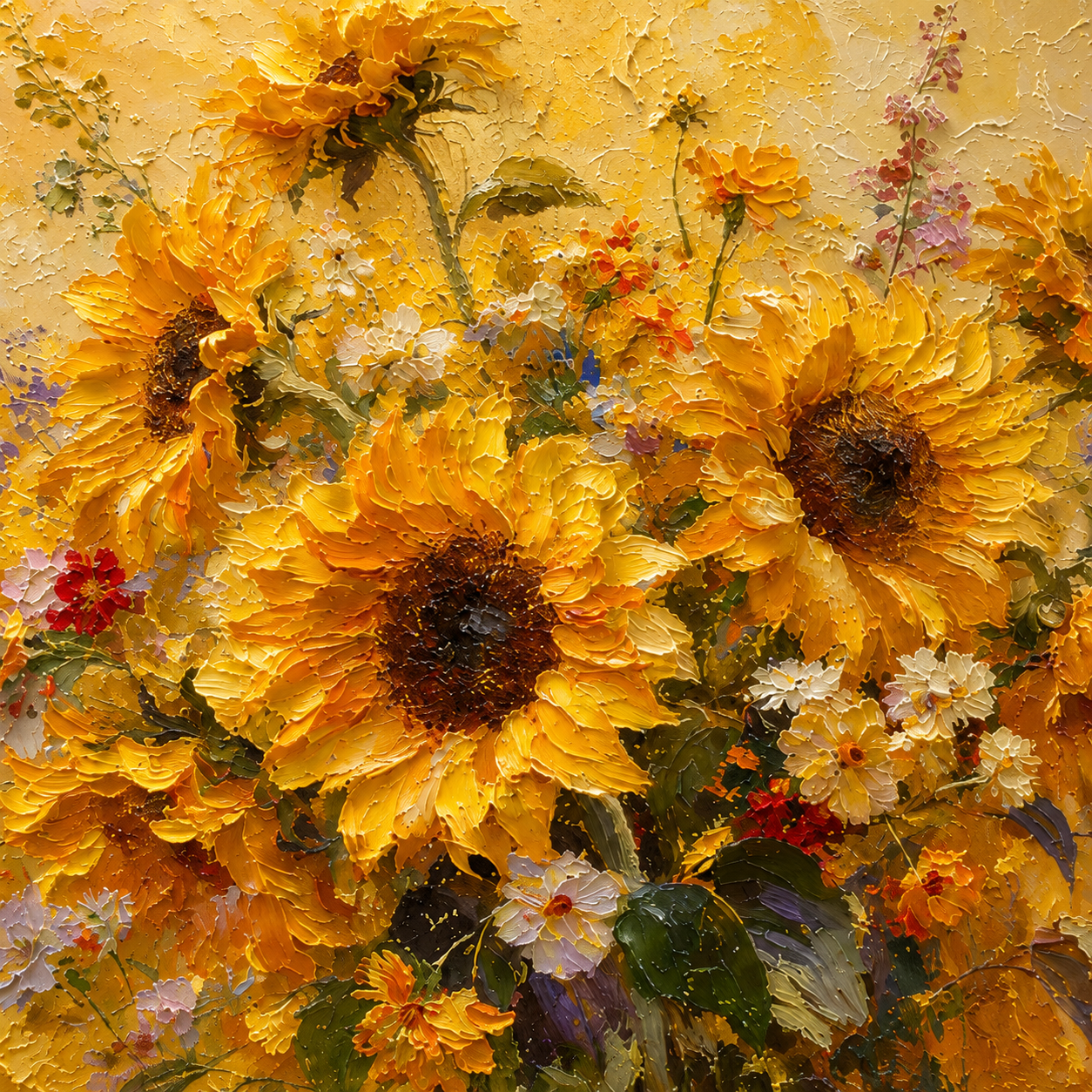 Golden Sunflower Bouquet Textured Painting #Kiss 54