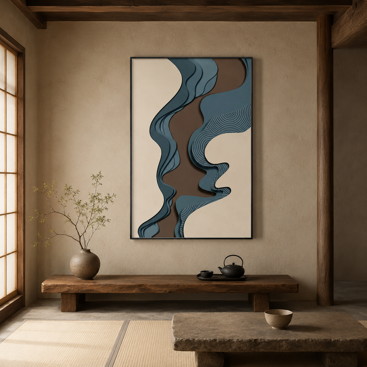 Blue Brown Wabi Sabi Abstract Painting #Kiss 77