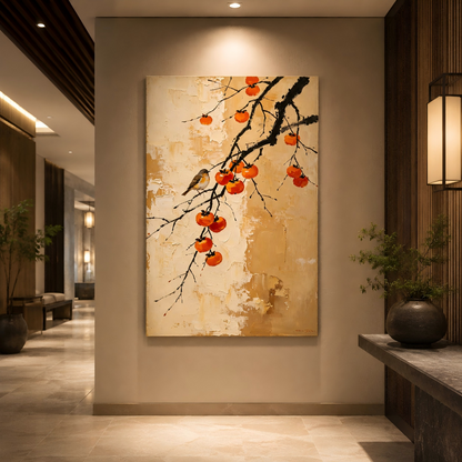 Handmade Textured Persimmon Bird Wall Art Painting #Kiss 127